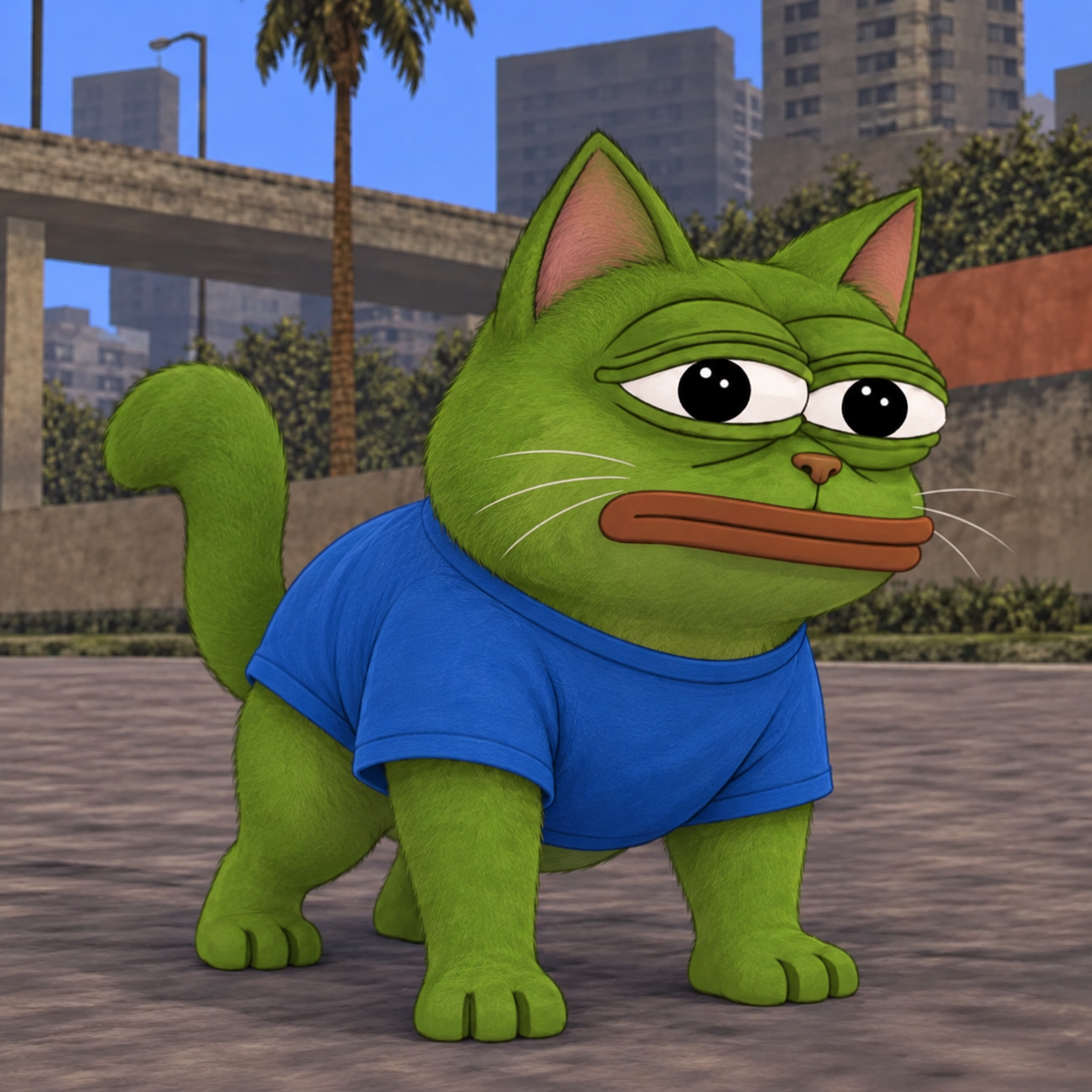Crogepepe, the green cat with Pepe's unmistakable expression and a blue T-shirt